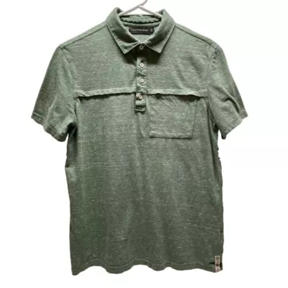 Calvin Klein Jeans Men’s Small Polo Shirt Heathered Green CK Logo Buttons GUC